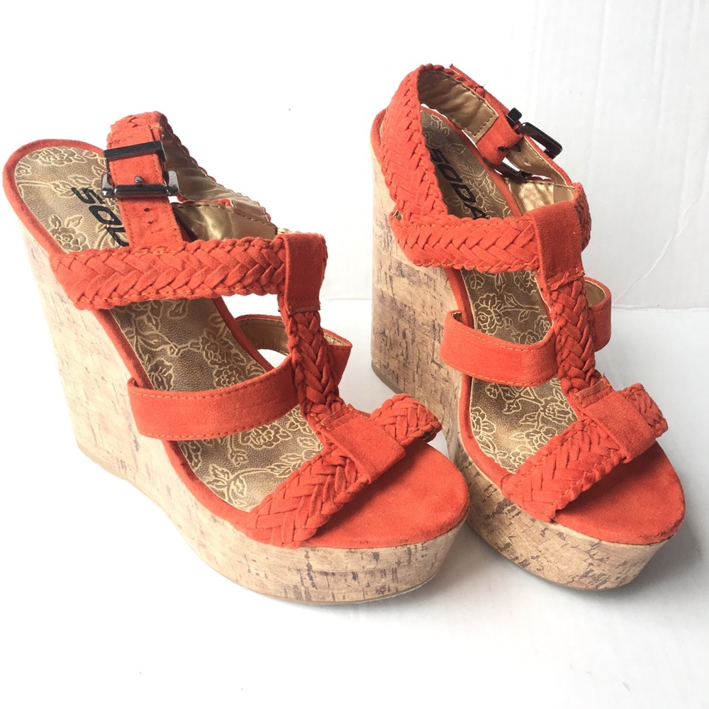 Braided t-strap cork wedge